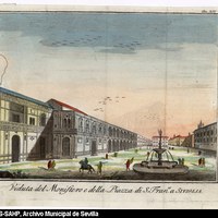 Perspectiva de la Plaza de San Francisco. Grabado calcográfico, ca. 1715, París.  ©ICAS-SAHP, Archivo Municipal de Sevilla