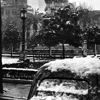 2 de febrero de 1954. Un manto blanco cubre la Plaza Nueva en una de las escasísimas nevadas caídas en la ciudad. ©ICAS-SAHP, Fototeca Municipal de Sevilla, fondo Serrano