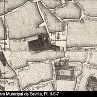 Plano Geométrico de la Ciudad de Sevilla, dedicado al asistente López de Lerena. Año 1788. En este detalle apreciamos el antiguo convento de religiosas agustinas de la Encarnación (derribado en 1810) y la antigua plazuela del mismo nombre que había sido remozada en 1720. © ICAS-SAHP, Archivo Municipal de Sevilla, Pl. II-5-7