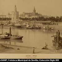 Muelle de la Sal  y Torre del Oro [1862-1872] ©ICAS-SAHP, Fototeca Municipal de Sevilla, Colección Siglo XIX